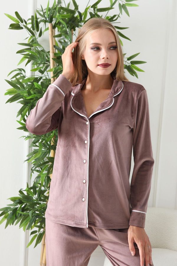 Trendyol Trendyol Mink Piping Detailed Velvet Knitted Pajama Set