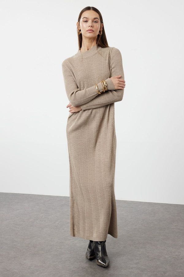 Trendyol Trendyol Mink Self-Patterned Half Turtleneck Knitwear Zigzag Textured Dress