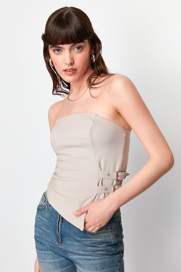 Trendyol Trendyol Mink Strapless Fitted Belt Buckle Detail Woven Blouse