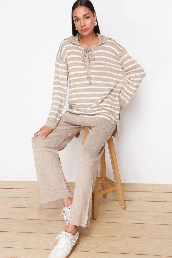 Trendyol Trendyol Mink Striped Collar Tie Detailed Sweater-Pants Knitwear Bottom-Top Set