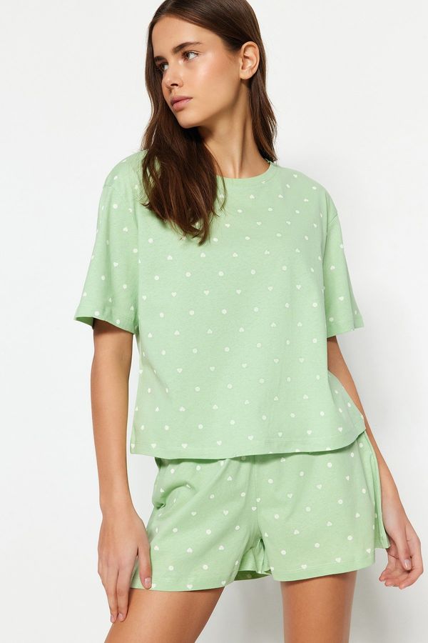 Trendyol Trendyol Mint 100% Cotton Heart Patterned T-shirt-Shorts Knitted Pajamas Set