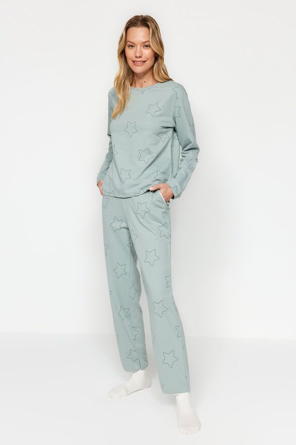 Trendyol Trendyol Mint Cotton Star Printed Tshirt-Pants Knitted Pajamas Set