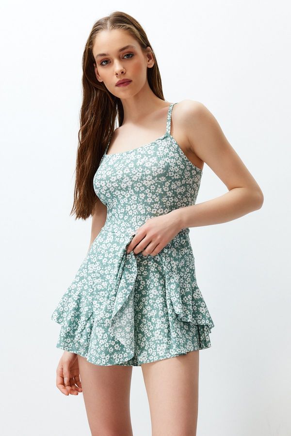 Trendyol Trendyol Mint Floral Printed Strappy Flounce Mini Jumpsuit With Shorts
