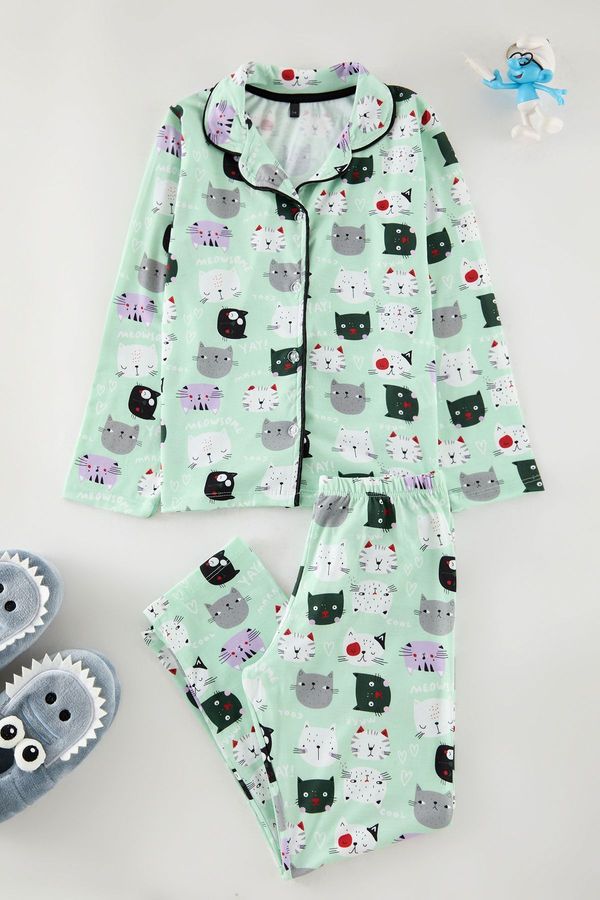 Trendyol Trendyol Mint Girls Animal Printed Pajama Set Knitted Top-Bottom Set