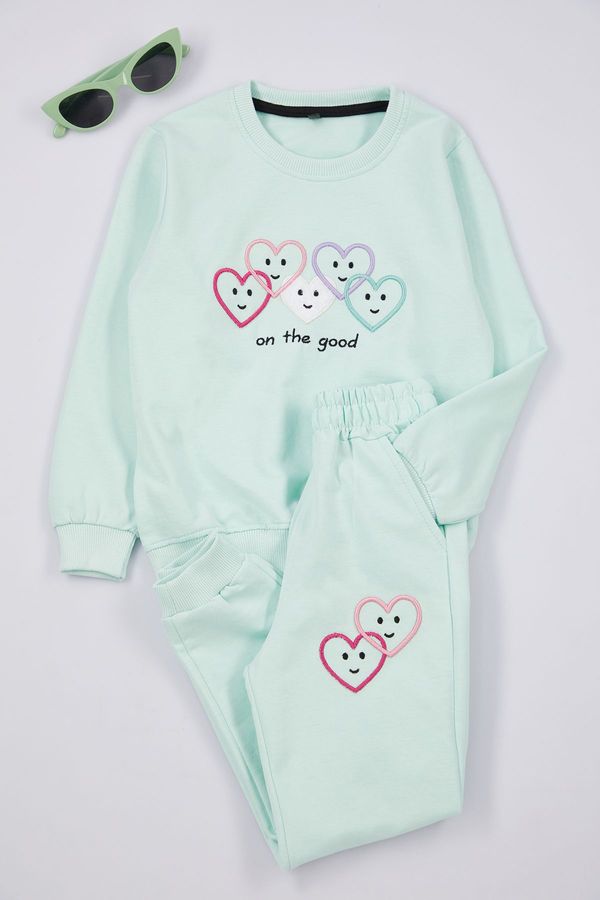 Trendyol Trendyol Mint Girls Heart Patterned Pajama Set Knitted Bottom-Top Set