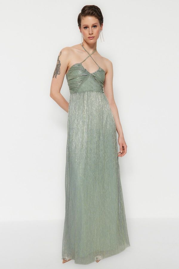 Trendyol Trendyol Mint Long Evening Dress that Opens at the Waist/Skater Lined, Shimmering