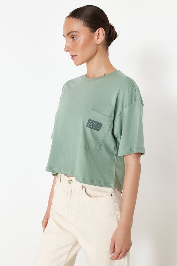 Trendyol Trendyol Mint More Sustainable 100% Cotton Relaxed Crop Pocket and Printed Knitted T-Shirt