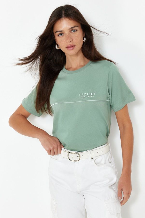 Trendyol Trendyol Mint More Sustainable 100% Cotton Relaxed/Crop Piping and Printed Knitted T-Shirt