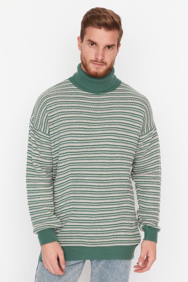 Trendyol Trendyol Mint Oversize Fit Turtleneck Striped Knitwear Sweater