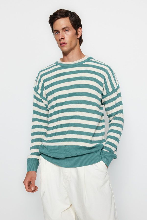 Trendyol Trendyol Mint Oversize Fit Wide Fit Crew Neck Striped Knitwear Sweater