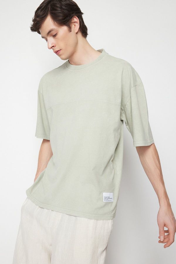 Trendyol Trendyol Mint Oversize/Wide Cut Stitched Label Faded Effect 100% Cotton T-Shirt