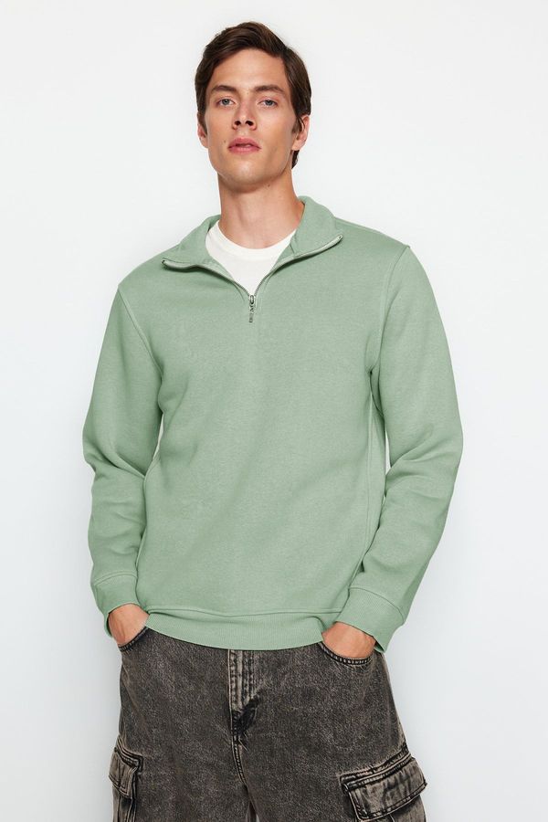 Trendyol Trendyol Mint Regular/Normal Cut Stand Collar Zippered Cotton Basic Fleece Sweatshirt