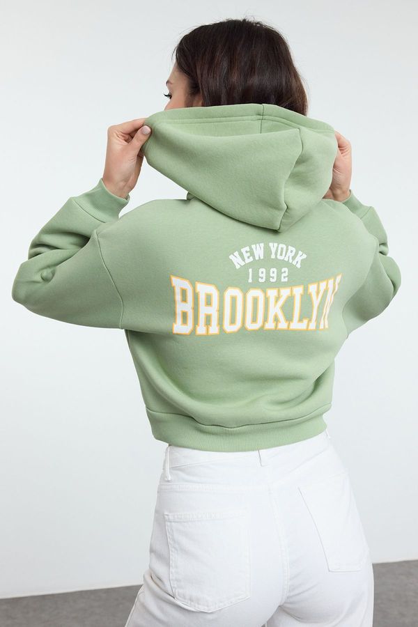 Trendyol Trendyol Mint*001 Back Print Detailed Hooded Thick Polar Fleece Knitted Sweatshirt