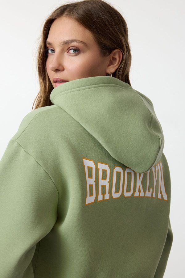 Trendyol Trendyol Mint*001 Back Print Detailed Hooded Thick Polar Fleece Knitted Sweatshirt