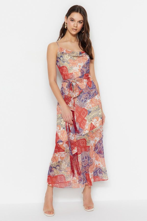 Trendyol Trendyol Multi Color Belted Tassel Shawl Pattern A-Line/A-Line Form Maxi Lined Woven Dress