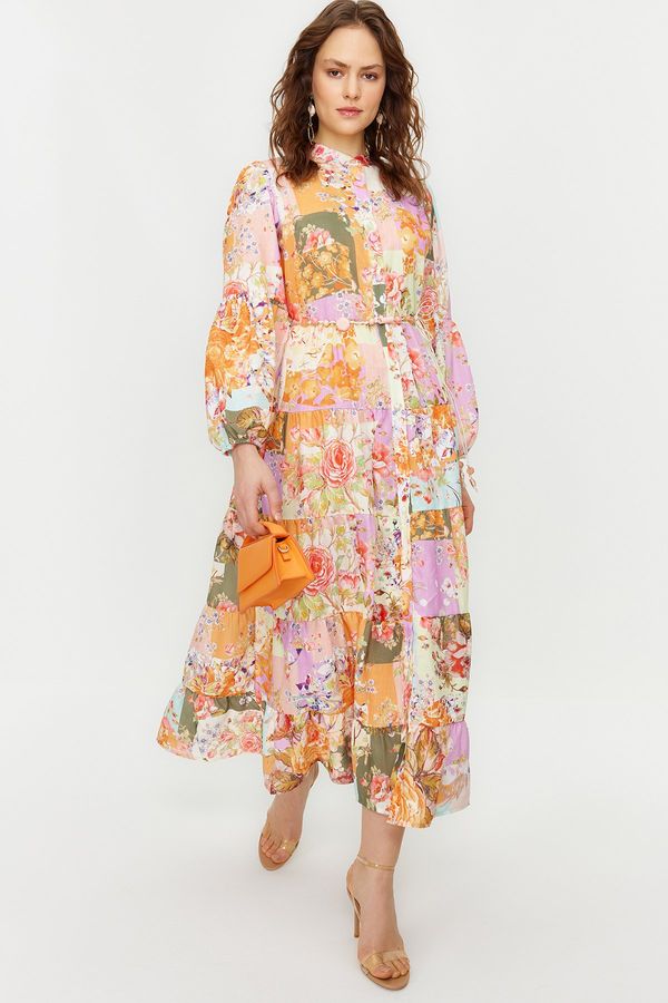 Trendyol Trendyol Multi Color Floral Pattern Linen Look Belt Detailed Woven Dress