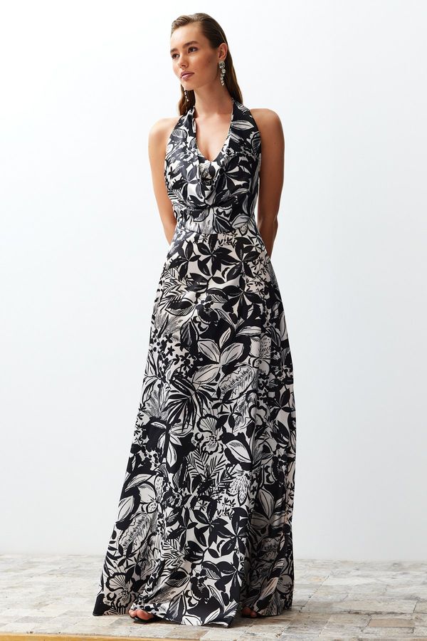 Trendyol Trendyol Multi Color Flower Pattern Degaje Collar Woven Satin Long Evening Dress