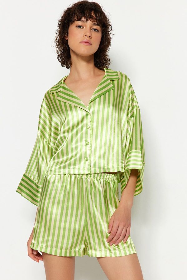 Trendyol Trendyol Multi Color-Green Striped Satin Shirt-Shorts Woven Pajamas Set