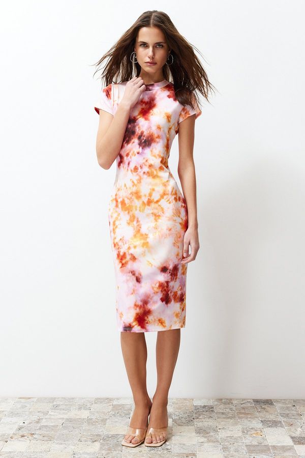 Trendyol Trendyol Multi-Color Printed Fitted/Fitted Short Sleeve Stand Collar Stretchy Knitted Midi Dress