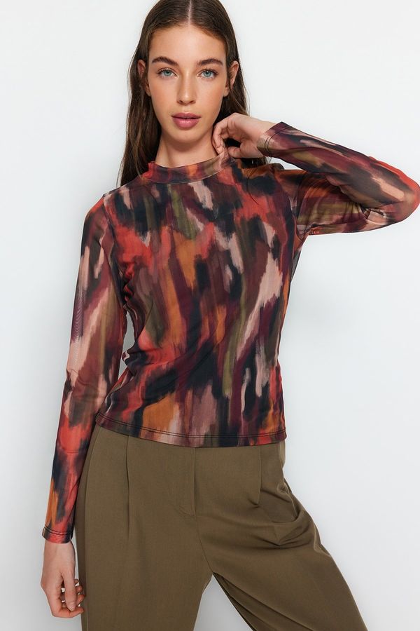 Trendyol Trendyol Multi Color Printed High Neck and Lined Transparent Back Tulle Flexible Knitted Blouse