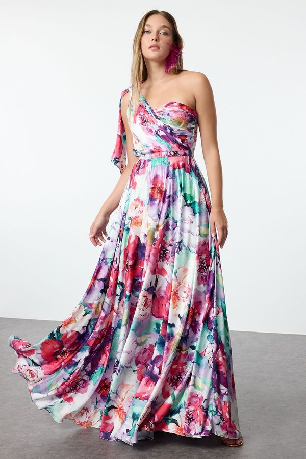 Trendyol Trendyol Multi-Colored Floral Patterned One-Shoulder Woven Long Elegant Evening Dress