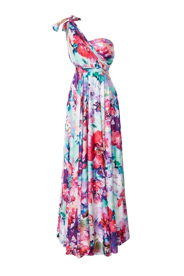 Trendyol Trendyol Multi-Colored Floral Patterned One-Shoulder Woven Long Elegant Evening Dress