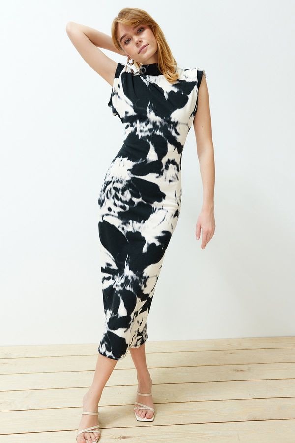 Trendyol Trendyol Multi-Colored Floral Stand Collar Padded Bodycone/Body-Fitting Knitted Maxi Pencil Dress