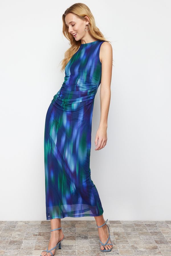 Trendyol Trendyol Multi-Colored Gather/Drape Detailed Patterned Fitted Maxi Flexible Knitted Pencil Dress