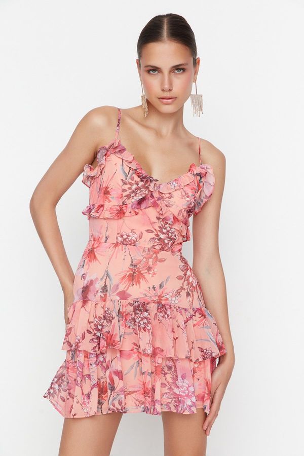 Trendyol Trendyol Multi-Colored Lined Chiffon Flounce Floral Patterned Elegant Evening Dress