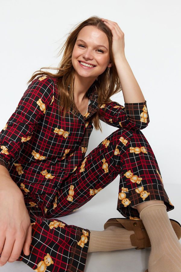 Trendyol Trendyol Multicolor 100% Cotton Teddy Bear Patterned Plaid Shirt-Pants Knitted Pajamas Set