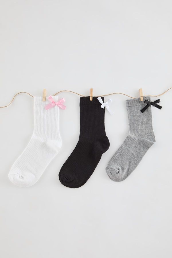 Trendyol Trendyol Multicolored 3-Pack Ribbed Ribbon/Bow Detailed Knitted Socks