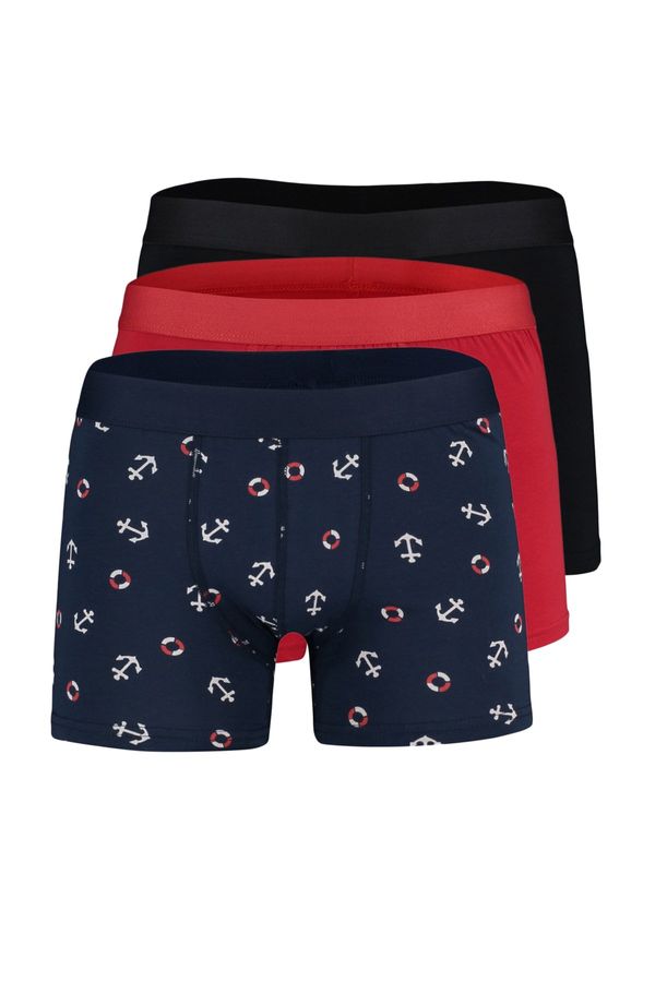 Trendyol Trendyol Multicolored 3-Piece Marine Patterned-Plain Pack Cotton Boxers