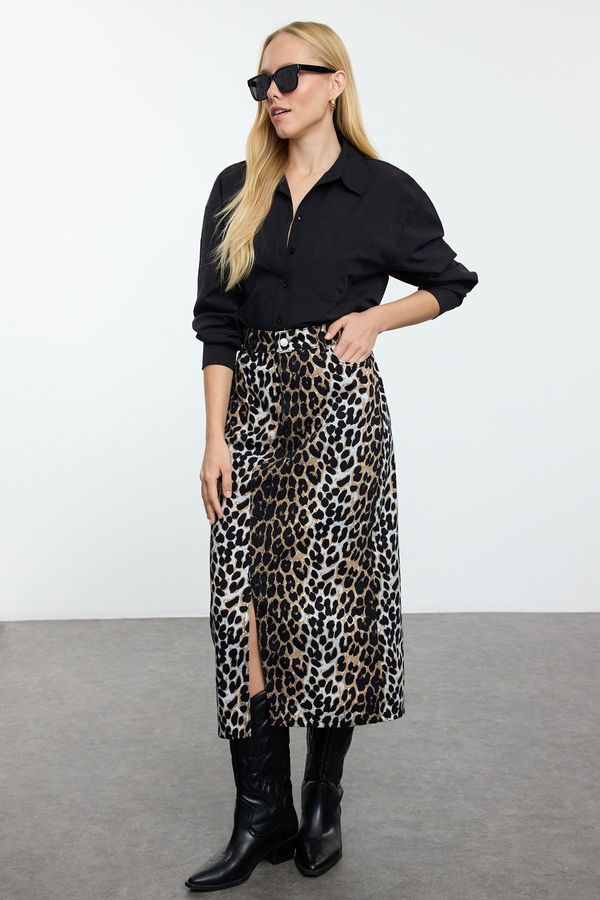 Trendyol Trendyol Multicolored Animal Leopard Patterned Front Slit Maxi Length Woven Skirt