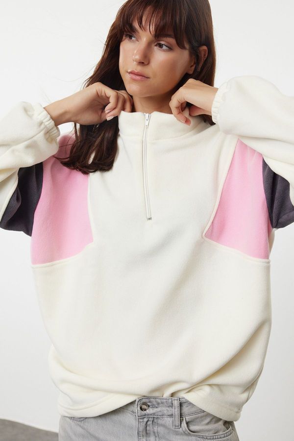 Trendyol Trendyol Multicolored Color Blocked Zippered Oversize/Wide Fit Fleece Knitted Sweatshirt