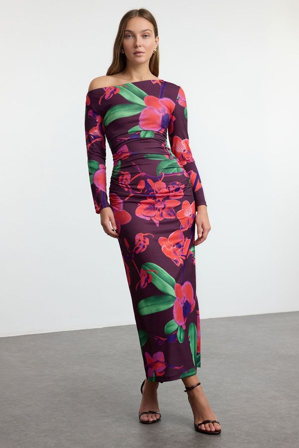 Trendyol Trendyol Multicolored Floral Fitted Gather/Drape Detail Maxi Knit Dress