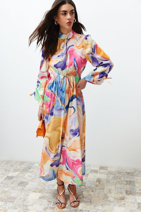 Trendyol Trendyol Multicolored Grand Collar Drawstring Gathered Detailed Abstract Woven Dress