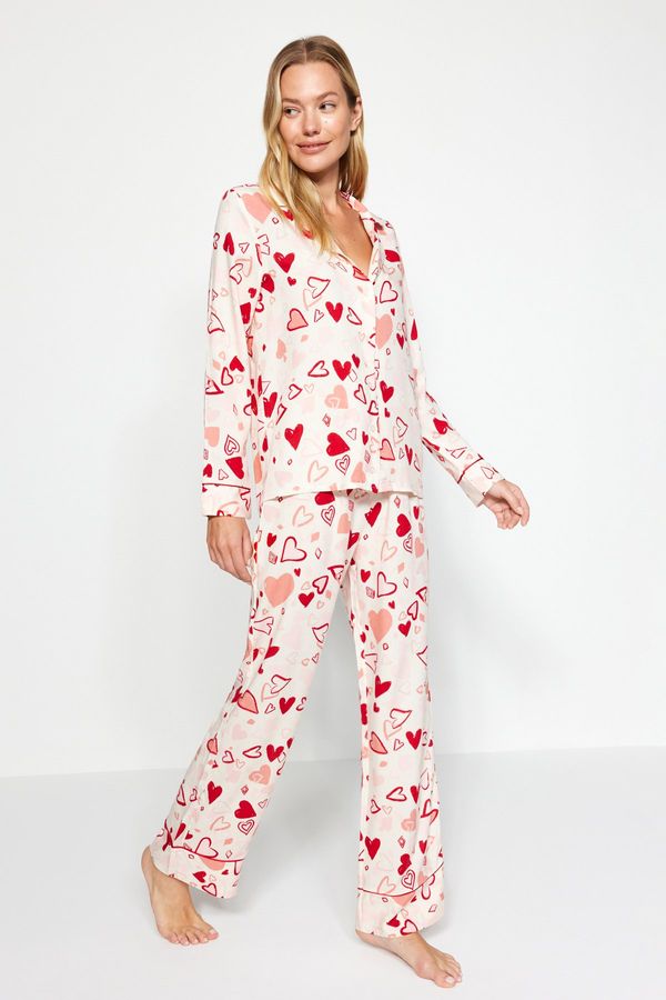 Trendyol Trendyol Multicolored Heart Pile Detailed Viscose Shirt-Pants Woven Pajamas Set