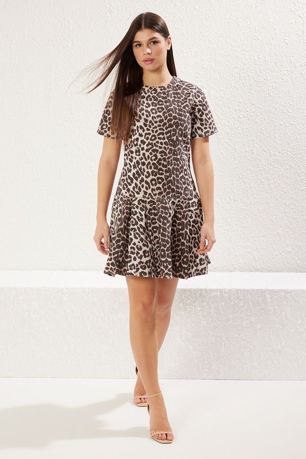 Trendyol Trendyol Multicolored Leopard Patterned Ruffle Skirt Brown Mini Denim Dress