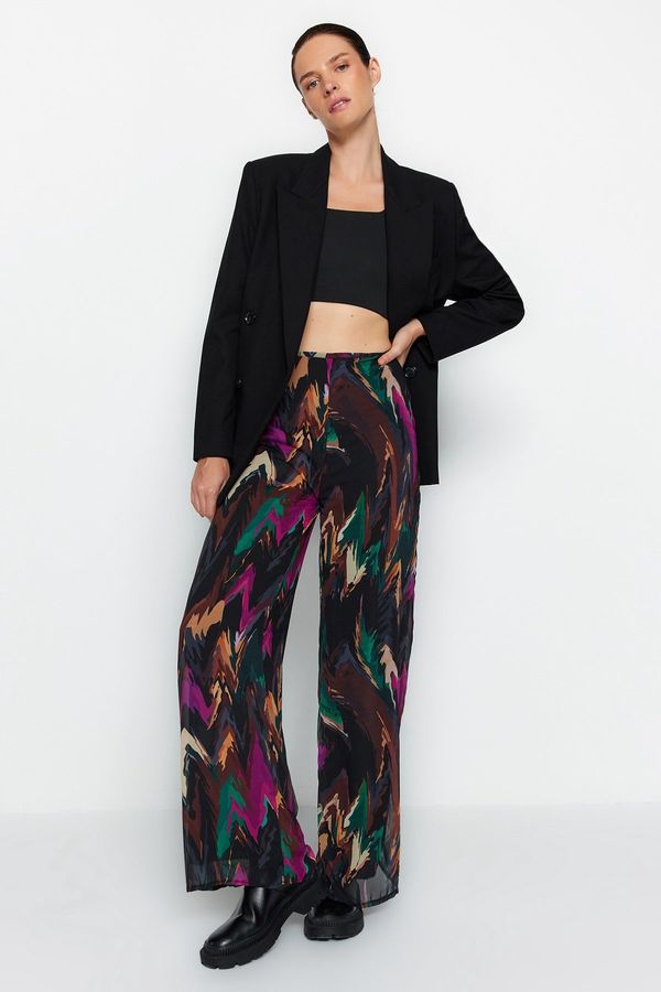 Trendyol Trendyol Multicolored Lined Wide Leg Chiffon Abstract Patterned Woven Trousers