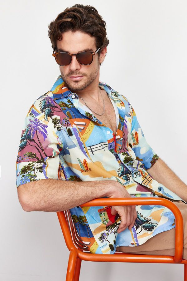 Trendyol Trendyol Multicolored Oversize Fit 100% Viscose Printed Short Sleeve Casual Summer Shirt