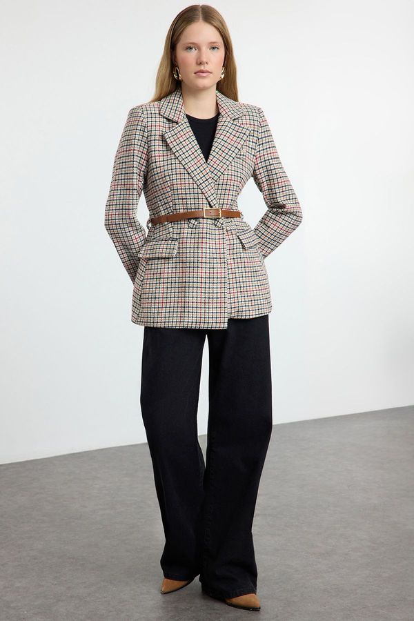 Trendyol Trendyol Multicolored Regular Lined Belted Plaid Woven Blazer Jacket