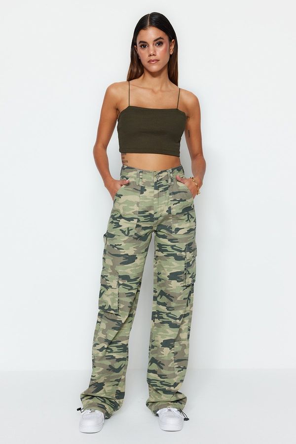 Trendyol Trendyol Multicolored Ribstop Camouflage Print High Waist Wide Leg Jeans with Cargo Pocket