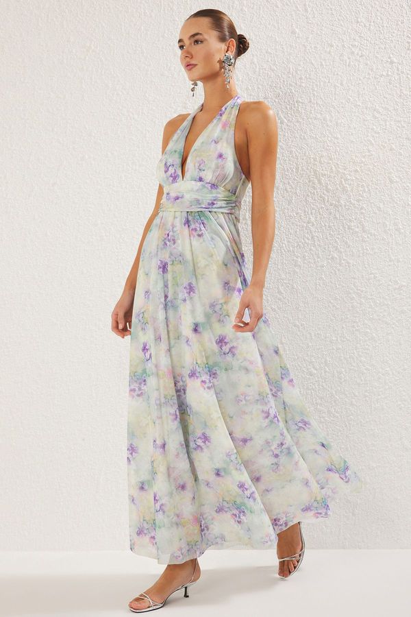 Trendyol Trendyol Multicolored V Neck Lined Tulle Knitted Maxi Chic Evening Dress