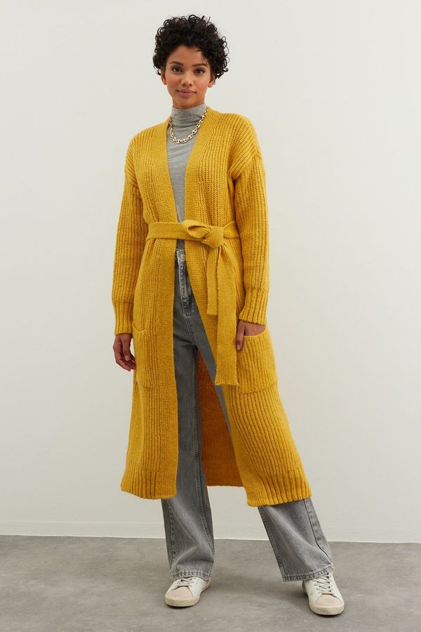 Trendyol Trendyol Mustard Belted Long Thessaloniki Knit Sweater Cardigan