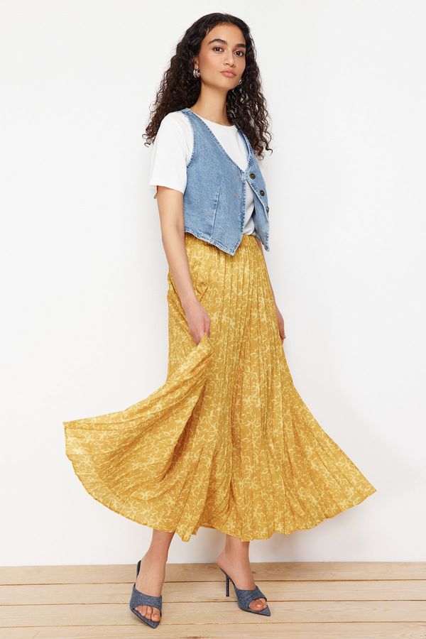 Trendyol Trendyol Mustard Floral Patterned Pleated Elastic Waist Woven Skirt