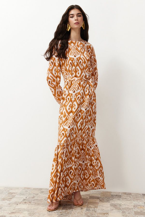 Trendyol Trendyol Mustard Shawl Patterned Belted Viscose Woven Dress