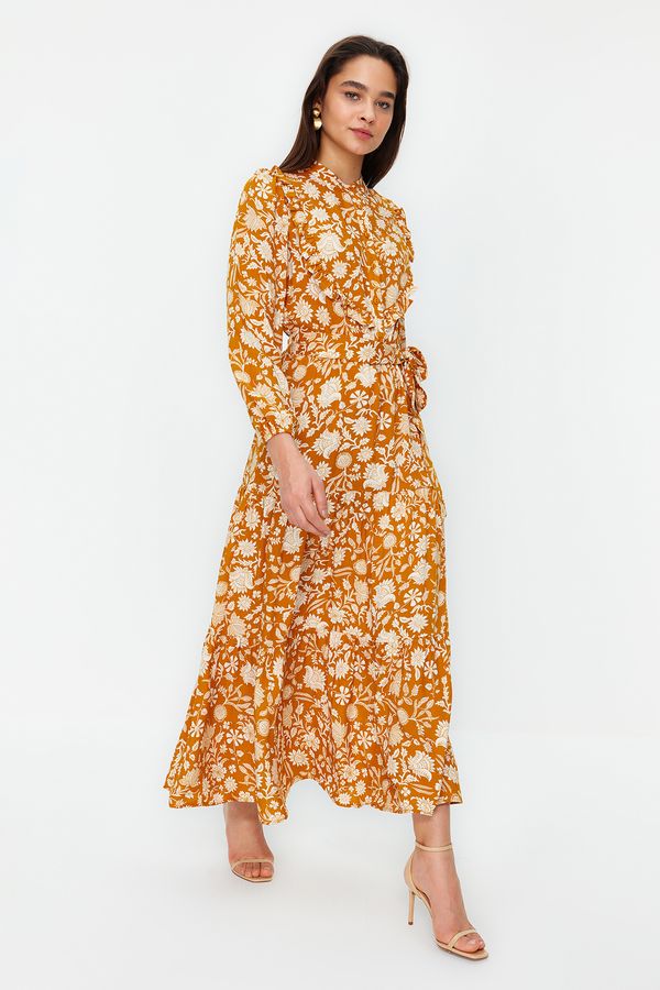 Trendyol Trendyol Mustard Small Floral Printed Ruffle Detailed Belted Woven Dress