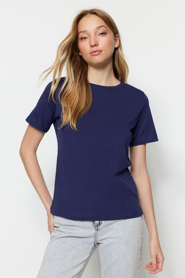 Trendyol Trendyol Navy Blue 100% Cotton Basic Crew Neck Knitted T-Shirt