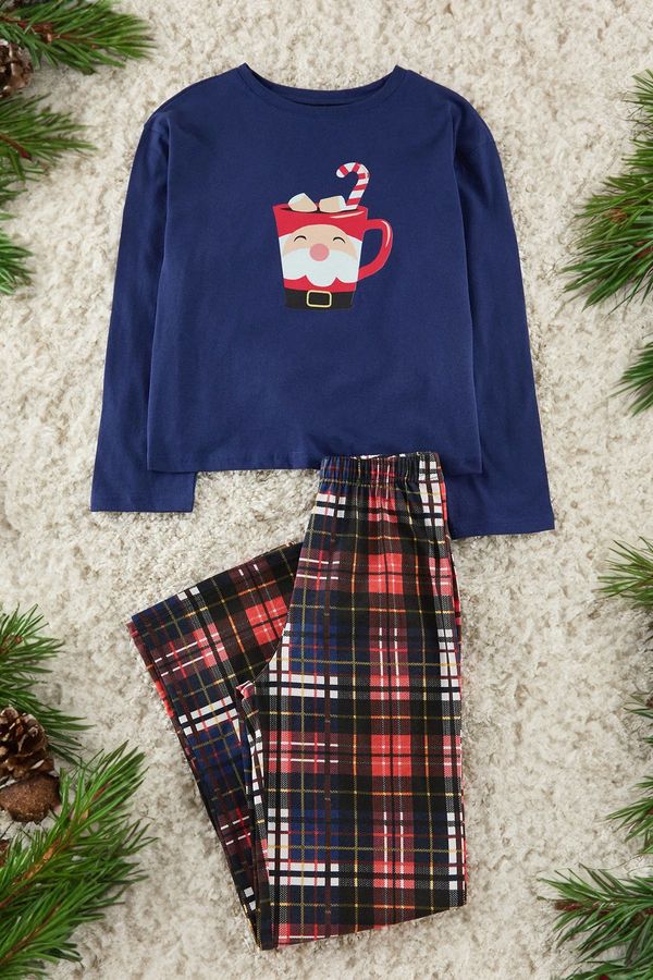 Trendyol Trendyol Navy Blue 100% Cotton Christmas Themed Knitted Pajamas Set