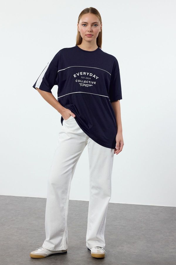 Trendyol Trendyol Navy Blue 100% Cotton Color Blocked Slogan Oversize/Wide Pattern Knitted T-Shirt